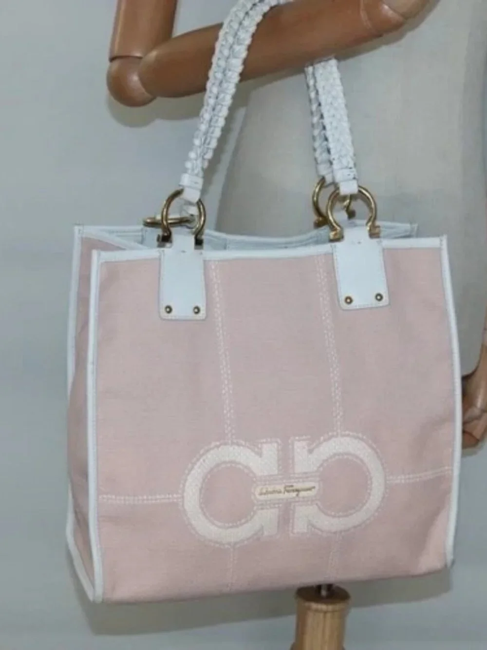 Salvatore Ferragamo Gancini Tote Bag Canvas Leather Pink White gold Auth EC754